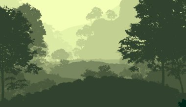 sisli ormanlık ağaçlar siluetleri ile soyut dağlar