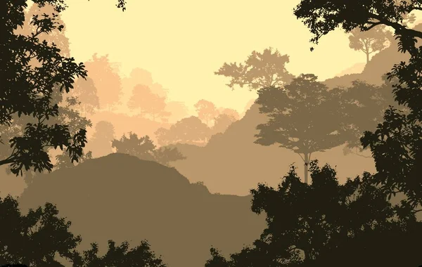 안개에 언덕과 나무의 추상적 실루엣 — 스톡 사진