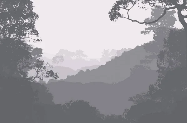 Silhouette Astratte Montagne Nebbiose Alberi — Foto Stock