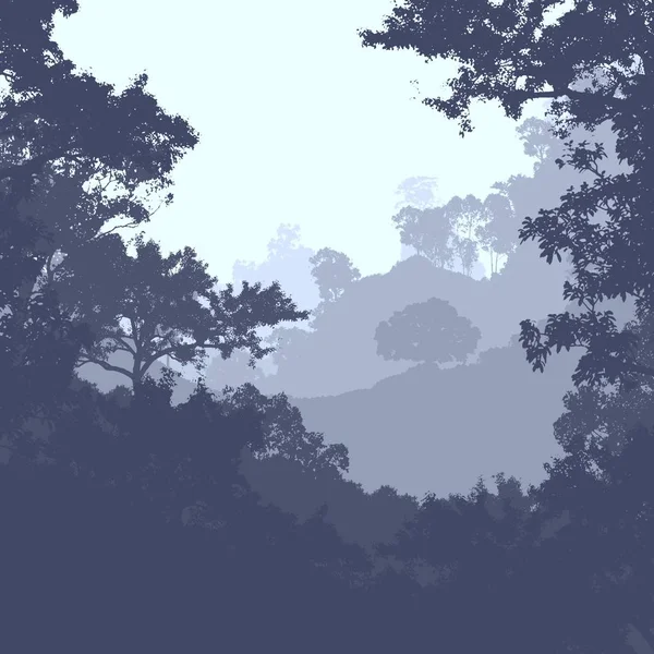霧の森の木のシルエットを持つ抽象的な山々 — ストック写真