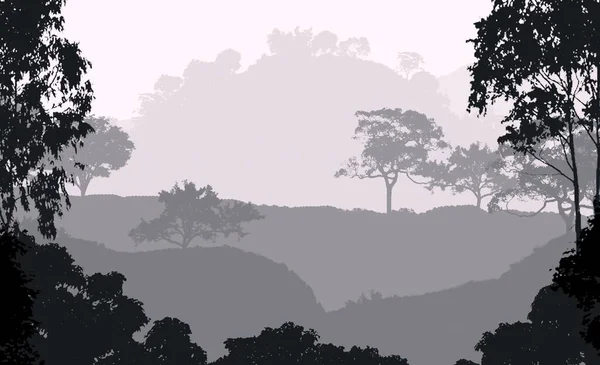 霧の森の木のシルエットを持つ抽象的な山々 — ストック写真