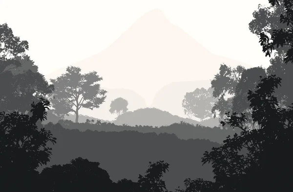 Gunung Abstrak Dengan Berkabut Hutan Siluet Pohon — Stok Foto
