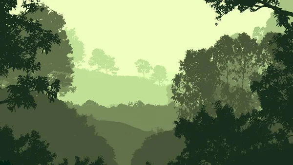 Abstraktní Hory Mlhavým Zalesněná Stromy — Stock fotografie