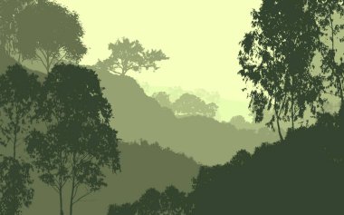 sisli ormanlık ağaçlar siluetleri ile soyut dağlar