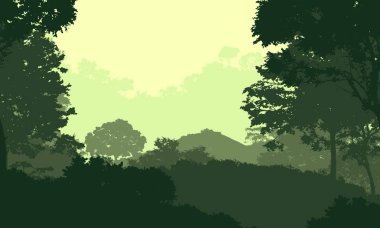 sis orman ağaçları siluetleri ile soyut tepeler