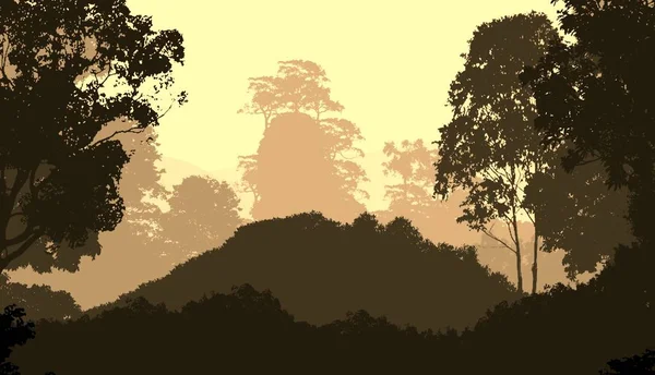 Collines Abstraites Avec Des Silhouettes Arbres Forestiers Dans Brume — Photo