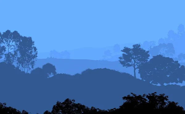 Abstracte Heuvels Met Bos Bomen Silhouetten Haze — Stockfoto