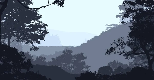 抽象丘陵与林地树木剪影在阴霾 — 图库照片