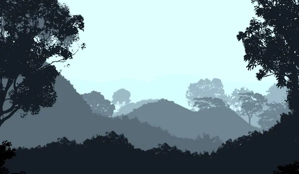 Colinas Abstratas Com Árvores Silvestres Silhuetas Neblina — Fotografia de Stock