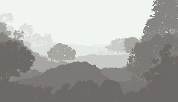 Αφηρημένοι Λόφοι Δασώδη Δέντρα Σιλουέτες Στην Ομίχλη — Φωτογραφία Αρχείου