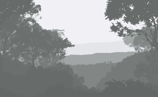 抽象丘陵与林地树木剪影在阴霾 — 图库照片