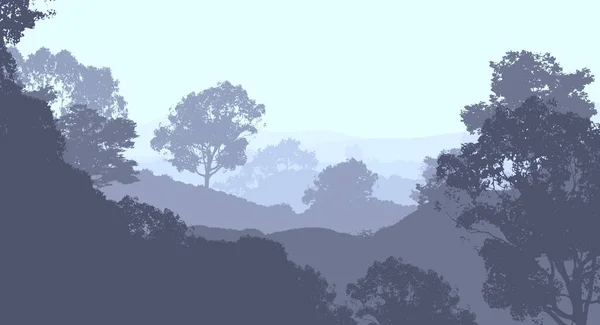 Abstrakcyjne Wzgórza Leśnymi Drzewami Sylwetki Mgle — Zdjęcie stockowe