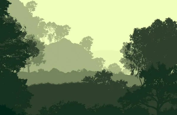 Абстрактные Холмы Лесными Деревьями Силуэты Тумане — стоковое фото