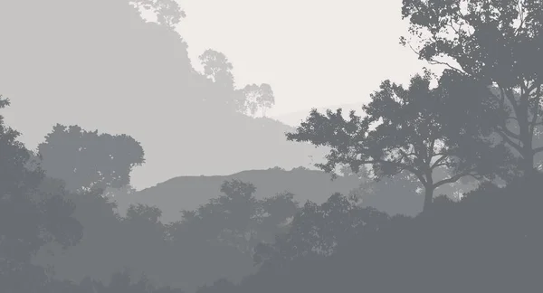 Absztrakt Dombok Erdei Fák Sziluettek Ködben — Stock Fotó