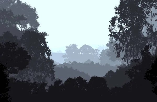 Resumo Silhuetas Arborizadas Neblina — Fotografia de Stock