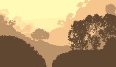 puslu ağaçlar siluetleri ile soyut ormanlık manzara, kopya alanı