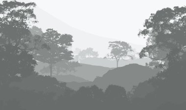 kopya alanı ile puslu ağaçlar ile soyut tepelik orman manzara