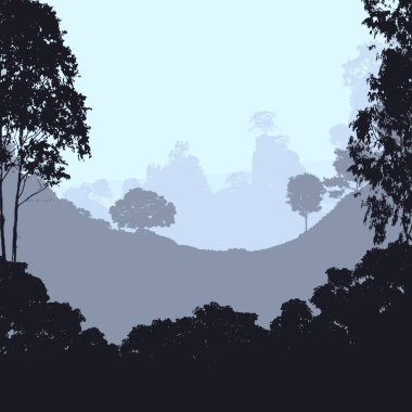 kopya alanı ile puslu ağaçlar ile soyut tepelik orman manzara