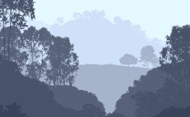 kopya alanı ile puslu ağaçlar ile soyut tepelik orman manzara