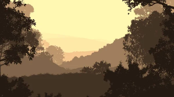 Abstrakte Hügelige Waldlandschaft Mit Nebeligen Bäumen Mit Kopierraum — Stockfoto