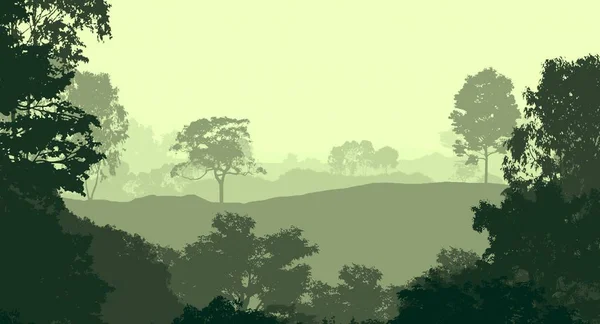 コピースペースを持つ曇った木と抽象的な丘陵の森の風景 — ストック写真