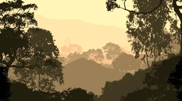 Абстрактный Холмистый Лесной Пейзаж Туманными Деревьями Копировальным Пространством — стоковое фото
