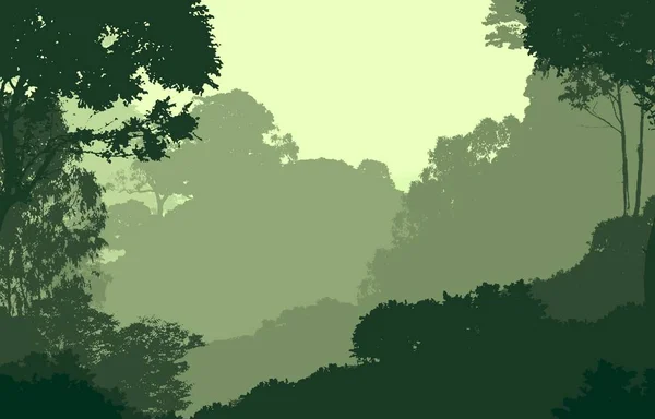 コピースペースを持つ曇った木と抽象的な丘陵の森の風景 — ストック写真