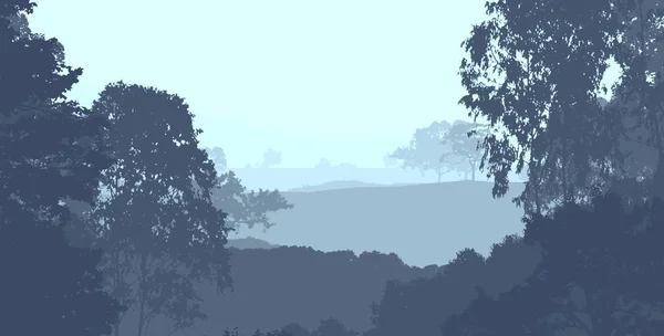 Cenário Criativo Abstrato Com Árvores Florestais Nevoeiro — Fotografia de Stock