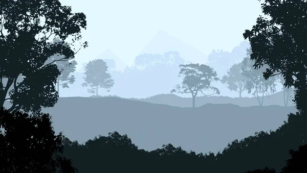 Cenário Criativo Abstrato Com Árvores Florestais Nevoeiro — Fotografia de Stock