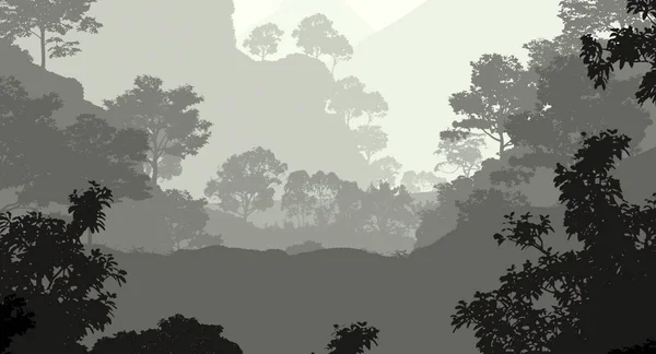 Puslu Tepeler Ağaçlar Ile Soyut Siluetli Arka Plan — Stok fotoğraf