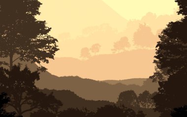 sisli tepeler ve ormanlar ile soyut siluetli zemin