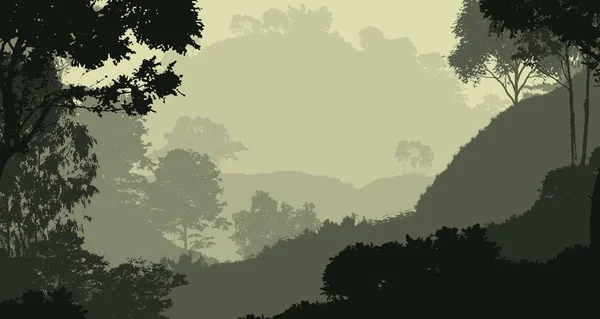 Abstraktní Silueta Pozadí Mlžnými Kopci Lesy — Stock fotografie