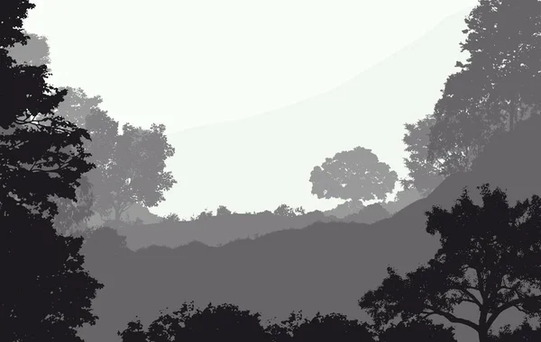 霧の丘と森と抽象的なシルエットの背景 — ストック写真