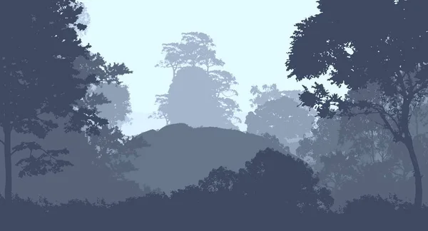 Abstraktní Silueta Pozadí Mlžnými Kopci Lesy — Stock fotografie