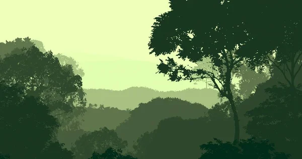 Abstraktní Silueta Mlhavé Pahorky Lesy — Stock fotografie