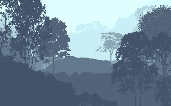 霧の丘と森林を持つ抽象的なシルエットの背景 — ストック写真