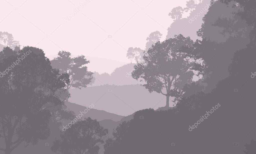 abstract silhouetted background with foggy hills and woodland