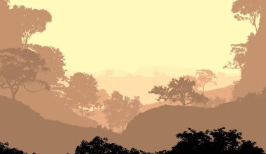 sis ve pus kaplı ağaçlar ile soyut siluetli dağlar arka plan