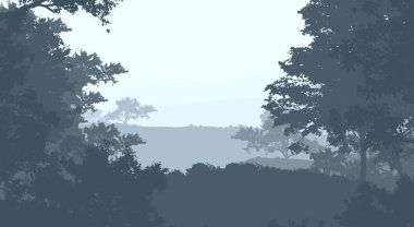 sis ve pus kaplı ağaçlar ile soyut siluetli dağlar arka plan