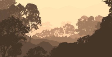 sis ve pus kaplı ağaçlar ile soyut siluetli dağlar arka plan