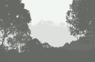 sis ve pus kaplı ağaçlar ile soyut siluetli dağlar arka plan