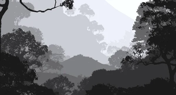 霧とヘイズで覆われた木々と抽象的なシルエットの背景 — ストック写真