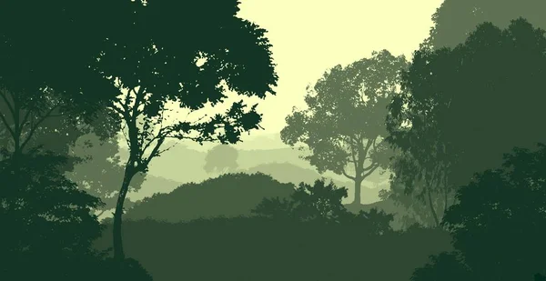 Streszczenie Sylwetki Tle Gór Drzewami Pokrytymi Mgłą Mgłą — Zdjęcie stockowe
