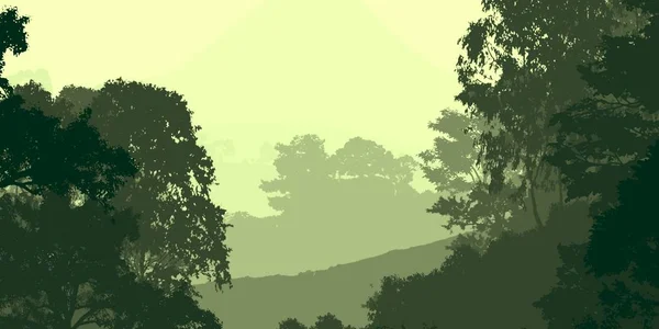 Abstraite Silhouette Montagnes Fond Avec Des Arbres Couverts Brouillard Brume — Photo