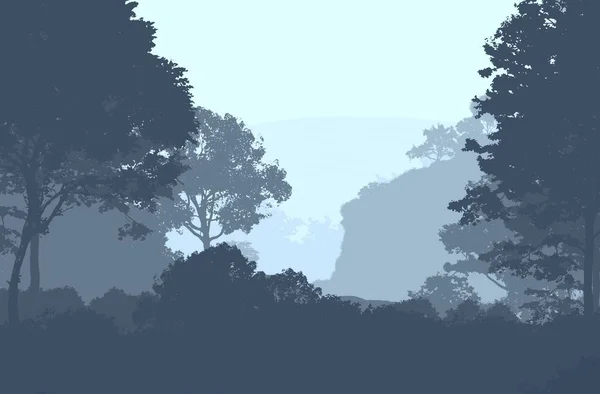 Abstracte Afgetekend Bergen Achtergrond Met Bomen Bedekt Met Mist Nevel — Stockfoto