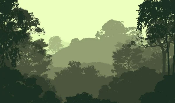 Abstraktně Siluetované Horské Pozadí Stromy Pokrytou Mlhou Oparem — Stock fotografie
