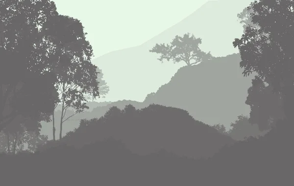 抽象剪影山背景与树木覆盖在薄雾和阴霾 — 图库照片