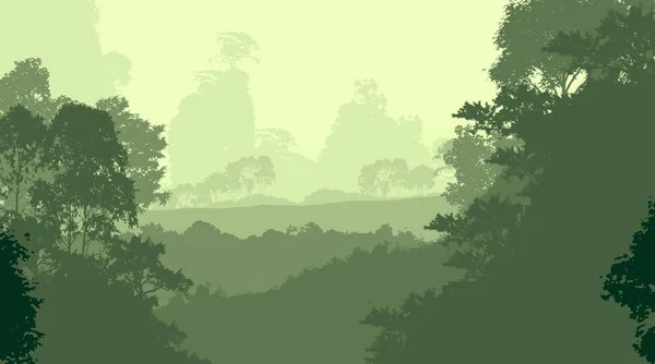 Streszczenie Sylwetki Tle Gór Drzewami Pokrytymi Mgłą Mgłą — Zdjęcie stockowe