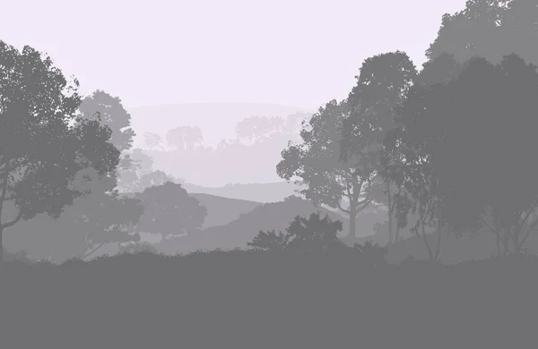 Abstrato Silhueta Montanhas Fundo Com Árvores Cobertas Névoa Neblina — Fotografia de Stock