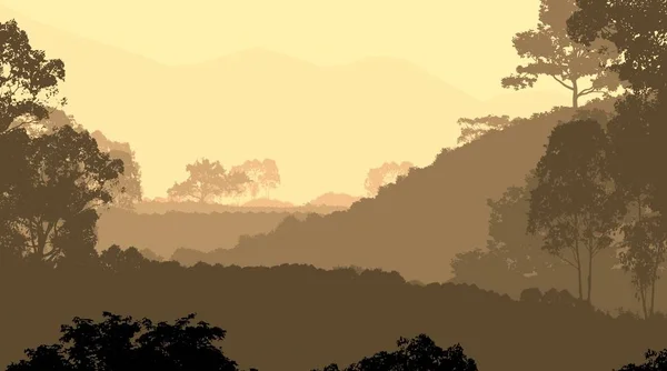 Astratto Sfondo Silhouetted Montagne Con Alberi Ricoperti Nebbia Foschia — Foto Stock